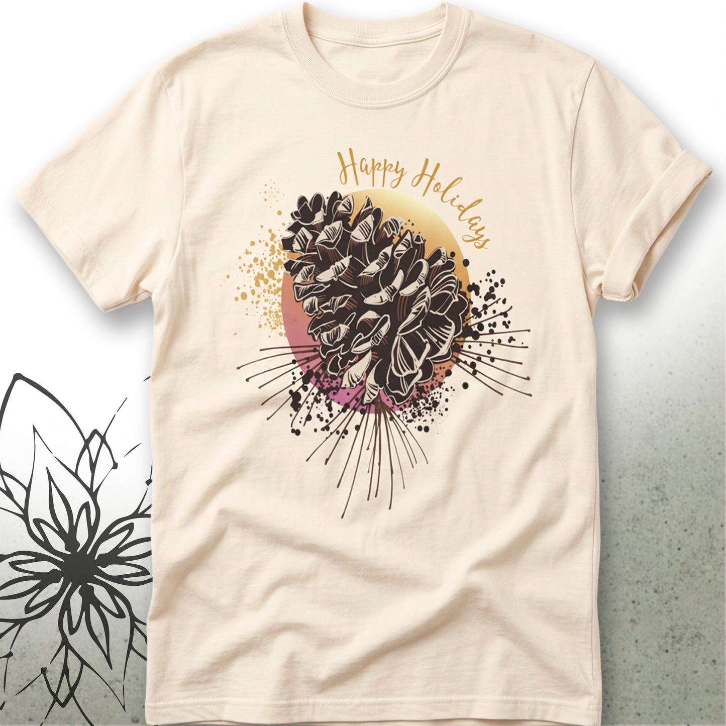 Pinecone Holiday T‑Shirt — "Happy Holidays" Nature Graphic Tee