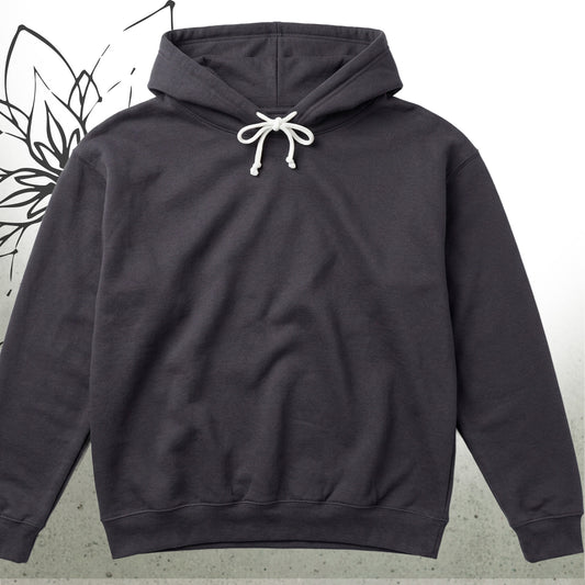 A dark charcoal gray pullover hoodie with white drawstrings, displayed flat against a light gray background with a subtle black line-art graphic on the left.