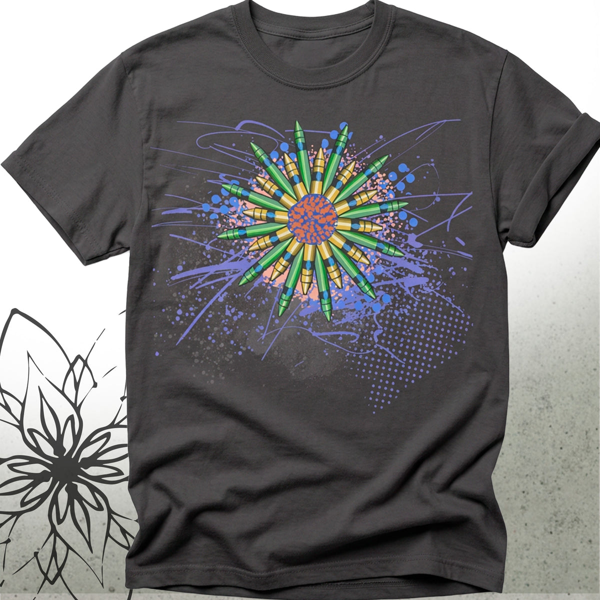 A dark charcoal gray short-sleeve t-shirt with a colorful sunburst graphic on the front, featuring green, blue, yellow, and orange rays with paint splatter details, displayed against a light gray background.