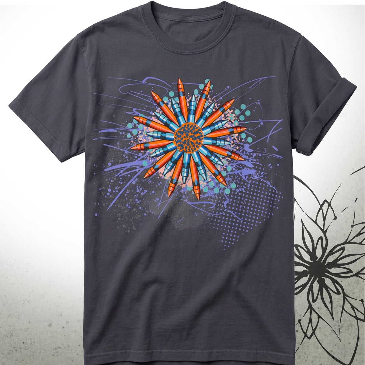 Sunburst Crayon Mandala Unisex Graphic T-Shirt Tee — Brush&Pen® Collection