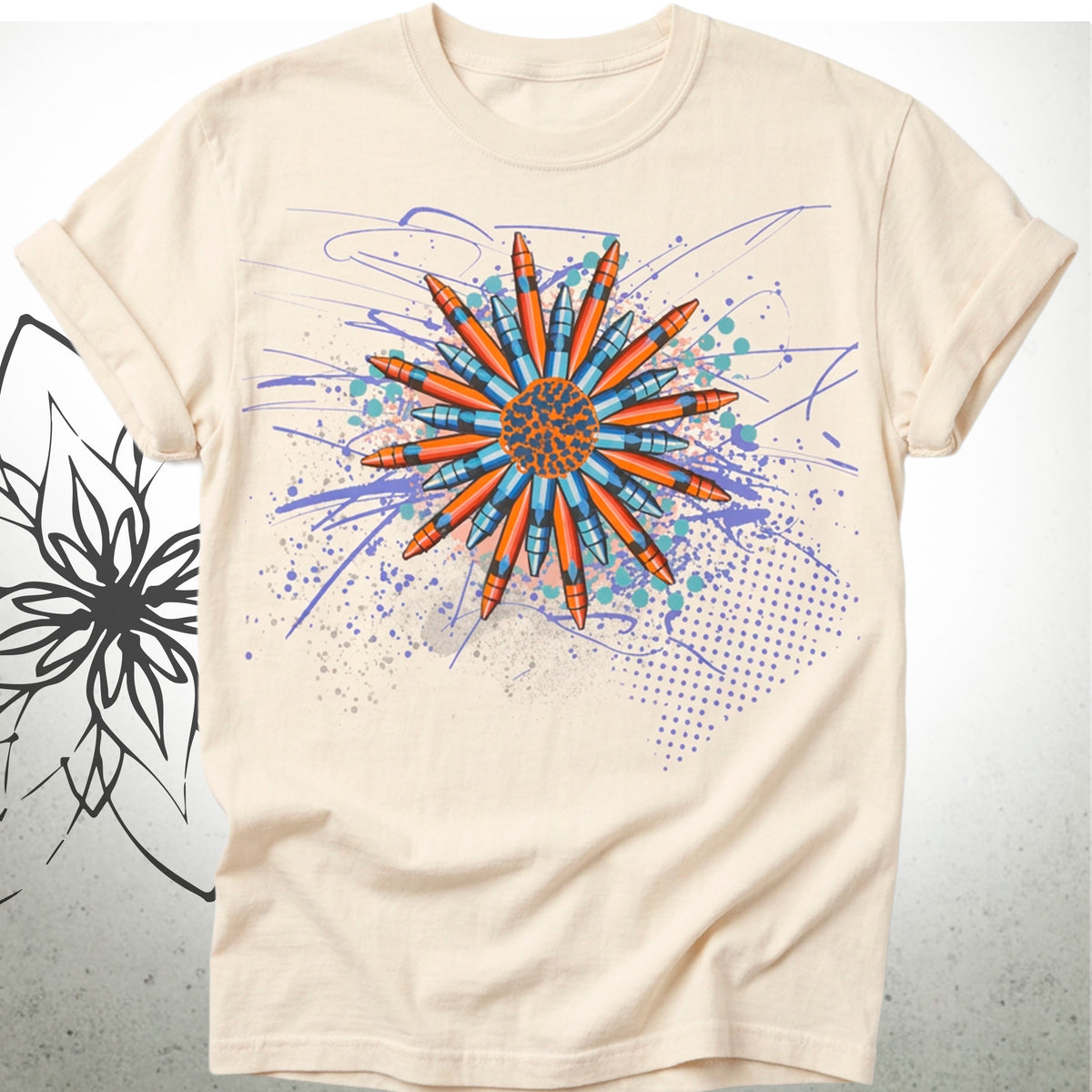Sunburst Crayon Mandala Unisex Graphic T-Shirt Tee — Brush&Pen® Collection