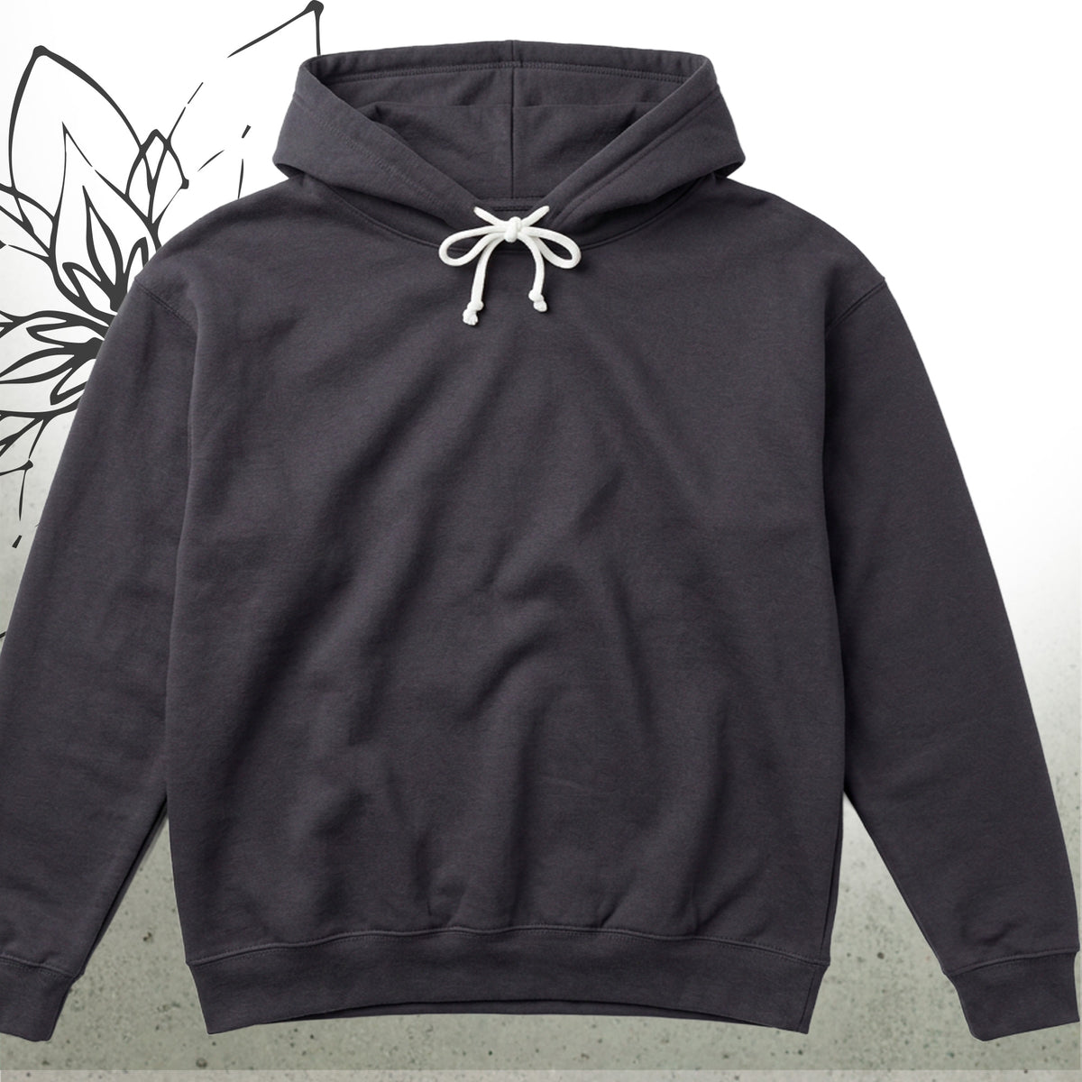 A dark charcoal gray pullover hoodie with white drawstrings, displayed flat against a light gray background with a subtle black line-art graphic on the left.