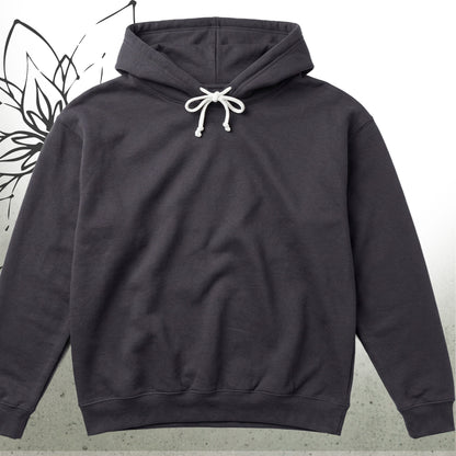 A dark charcoal gray pullover hoodie with white drawstrings, displayed flat against a light gray background with a subtle black line-art graphic on the left.