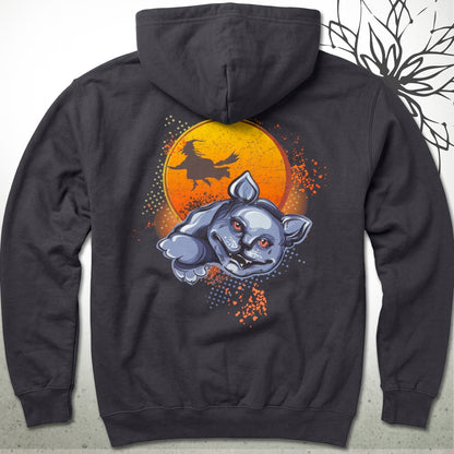 A dark charcoal gray hoodie shown from the back, featuring a large graphic print of a blue-gray vampire bat with red eyes flying in front of a glowing orange full moon, with a witch silhouette and orange splatter details.