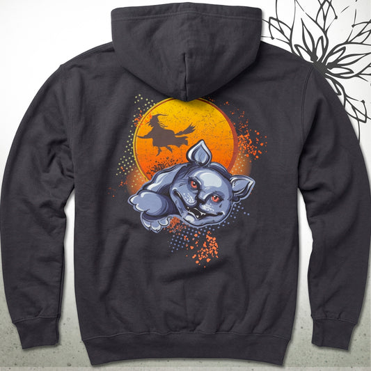 A dark charcoal gray hoodie shown from the back, featuring a large graphic print of a blue-gray vampire bat with red eyes flying in front of a glowing orange full moon, with a witch silhouette and orange splatter details.